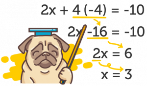 Puggy teaching steps for a math equation
